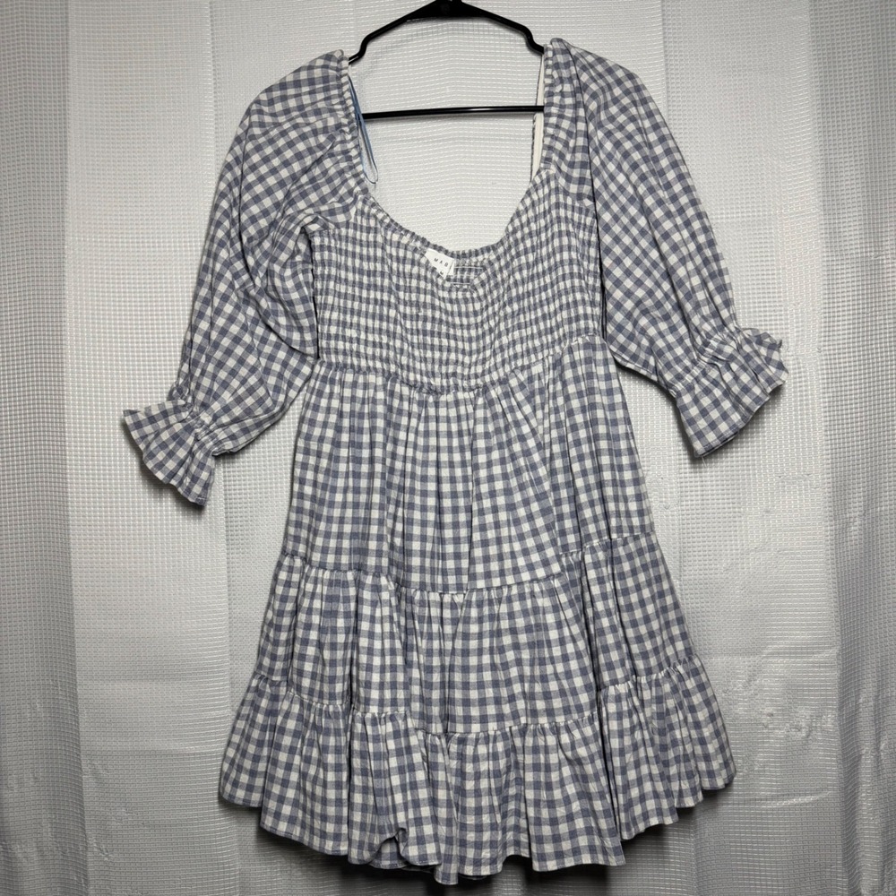 Mable Mini Dress‎ Cotton Gingham Smocked Tiered Puff Sleeve Cottagecore M